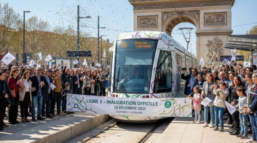 Inauguration de la ligne 5 de tramway le 20 décembre 2025 devant une arche monumentale.