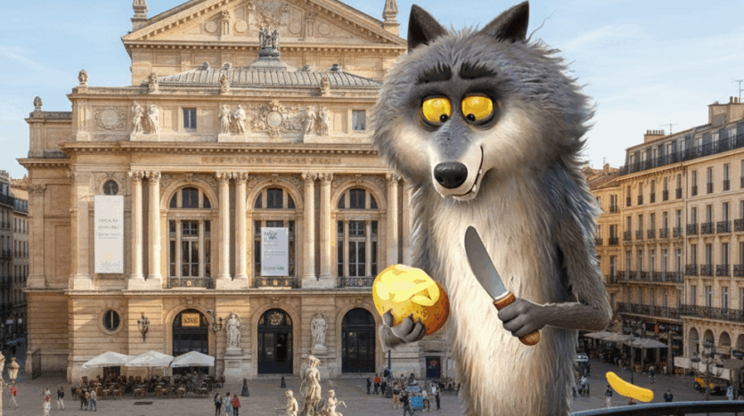 Loup de dessin animé pelant un fruit sur un tabouret avec bâtiment et fontaine historiques.