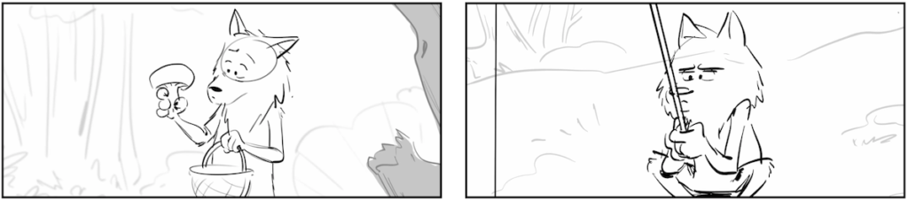 Loup tenant un champignon et un panier dans une forêt, puis loup assis pêchant avec une canne.