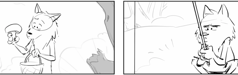 Loup tenant un champignon et un panier dans une forêt, puis loup assis pêchant avec une canne.