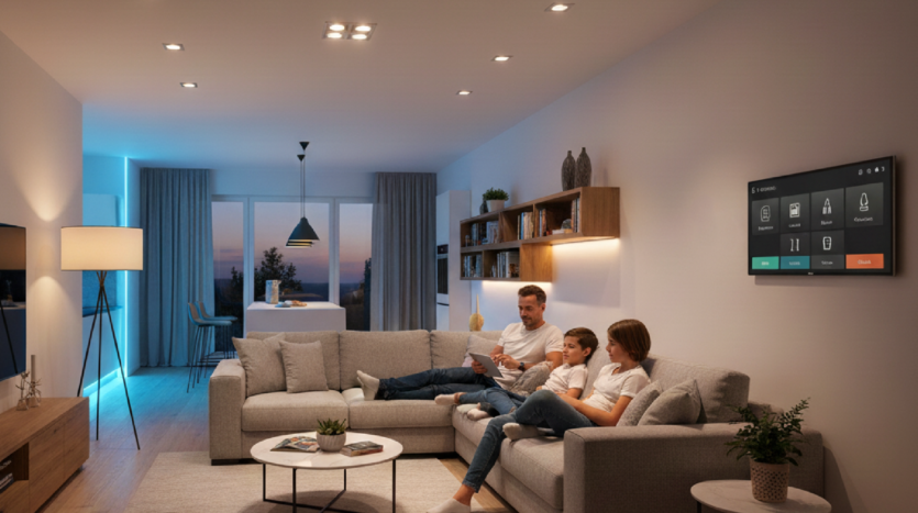 Salon moderne avec canapé d'angle gris, trois personnes, chat endormi, étagères et écran mural.