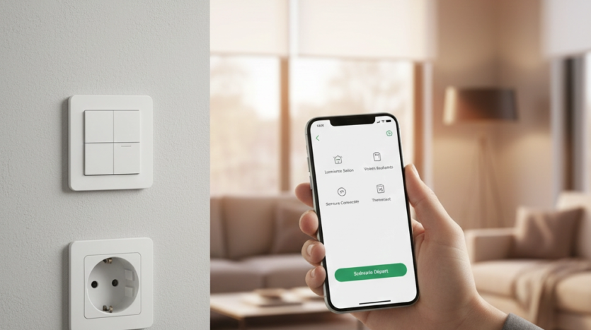 Main tenant un smartphone avec application domotique près d'un interrupteur et d'une prise murale.
