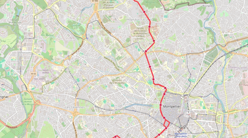 Carte du trajet de la ligne 5 du tramway de Montpellier entre Grés de Montpellier et Clapiers.