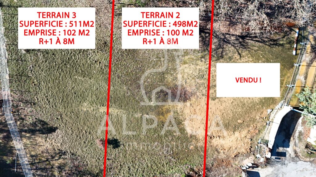 Deux terrains constructibles de 511 m² et 498 m² avec emprises et un terrain vendu, logo ALPAGA.