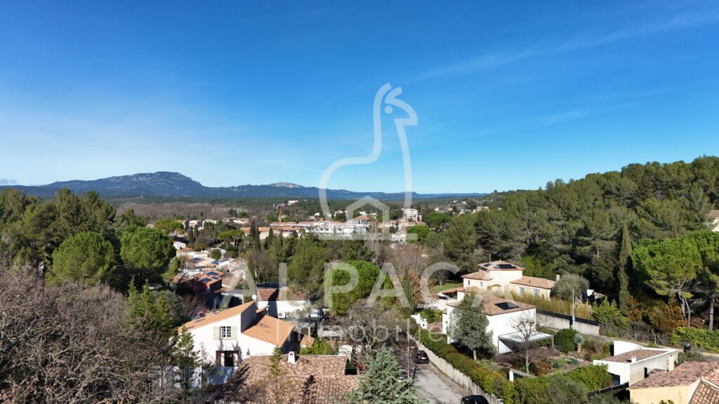 Quartier résidentiel avec maisons à toits de tuiles, arbres et montagnes sous ciel bleu.