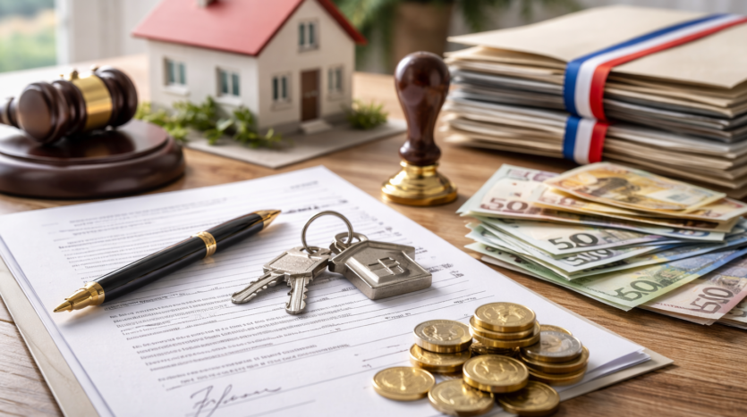 Contrat immobilier avec clés, stylo, argent, tampon, marteau de juge, maquette maison et dossiers tricolores.