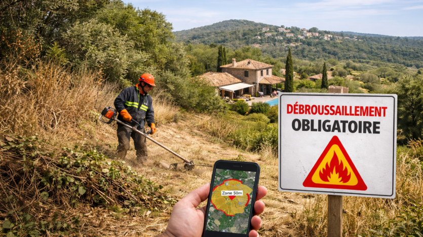 Débroussaillage obligatoire près d'une maison avec un travailleur et une carte sur téléphone.