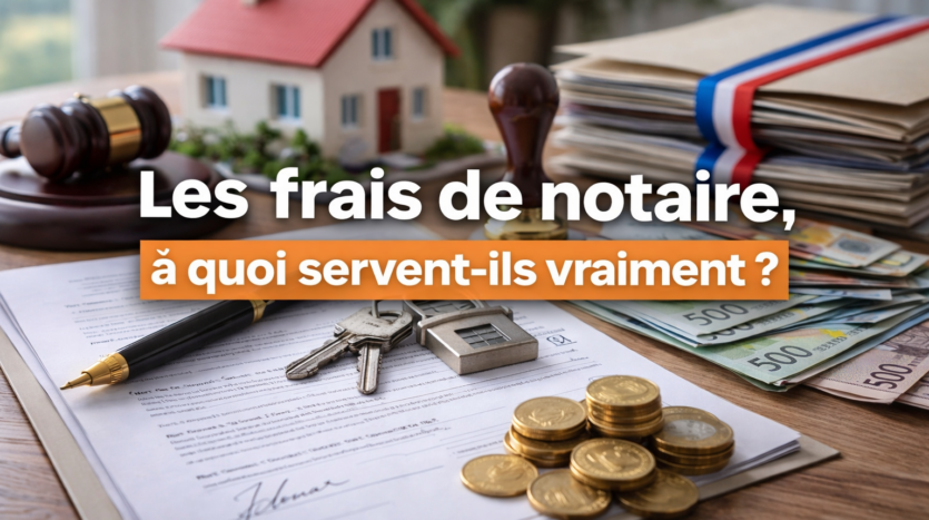Documents notariés avec clés, argent en euros, marteau, tampon et maquette de maison.