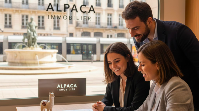 Trois professionnels consultent des plans immobiliers dans le bureau ALPACA IMMOBILIER avec vue sur une fontaine.