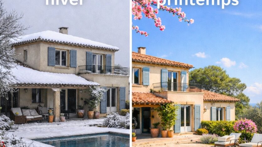 Maison avec piscine en hiver enneigé à gauche et la même au printemps fleuri à droite.