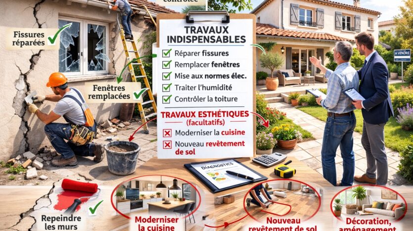 réparations fissures, fenêtres, électricité, humidité et toiture contrôlée.