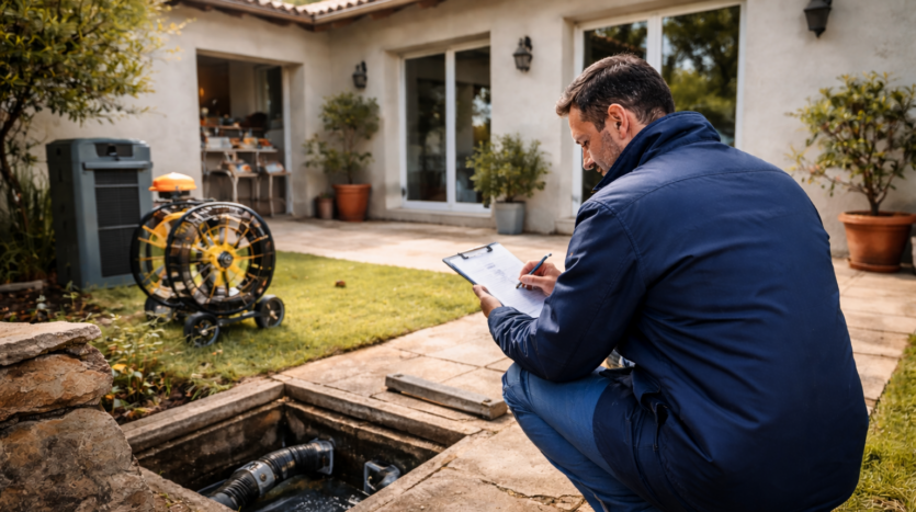 Technicien en veste bleue inspectant une canalisation ouverte dans le jardin d'une maison.