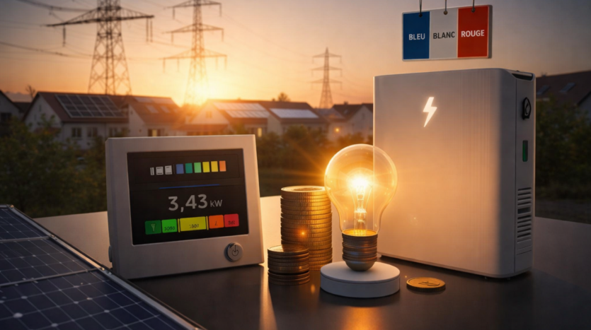 Écran de contrôle affichant 3,43 kW, piles, ampoule et centrale solaire sur une table au coucher du soleil.